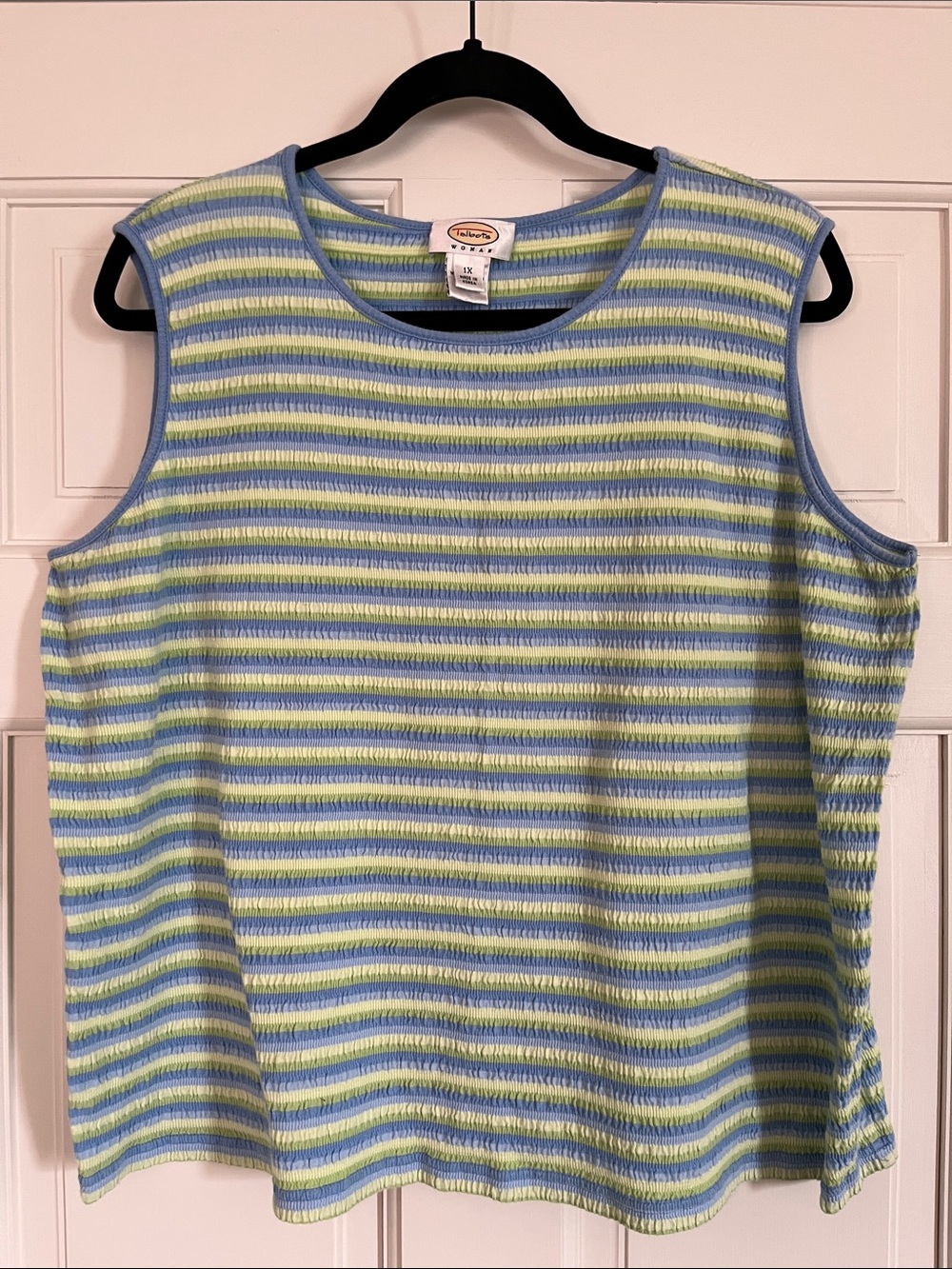 Talbots Striped Sleeveless Ribbed Top - Light Blue & Lime 1X